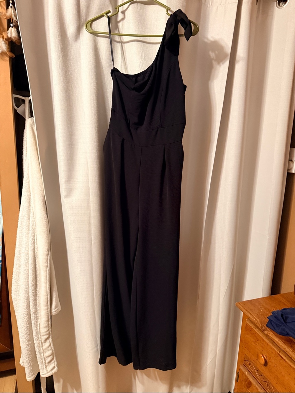 Asymmetric One-Shoulder Black Jumpsuit with Tie Detail